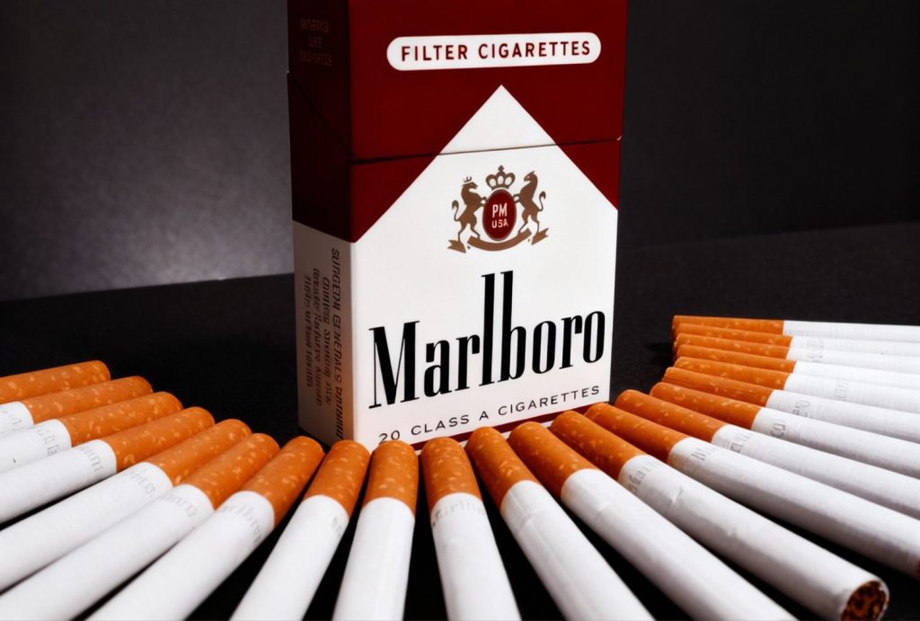 Marlboro cigarettes neatly arranged with pack display at cigarette shop Houston.