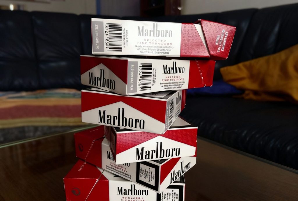 Stacked Marlboro cigarette cartons ready for purchase at cigarette shop Houston.