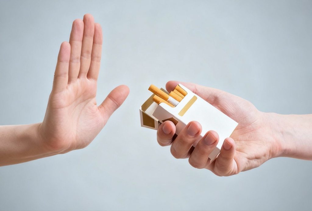 Hand refusing offered cigarette pack – thoughtful choice at cigarette shop Houston.