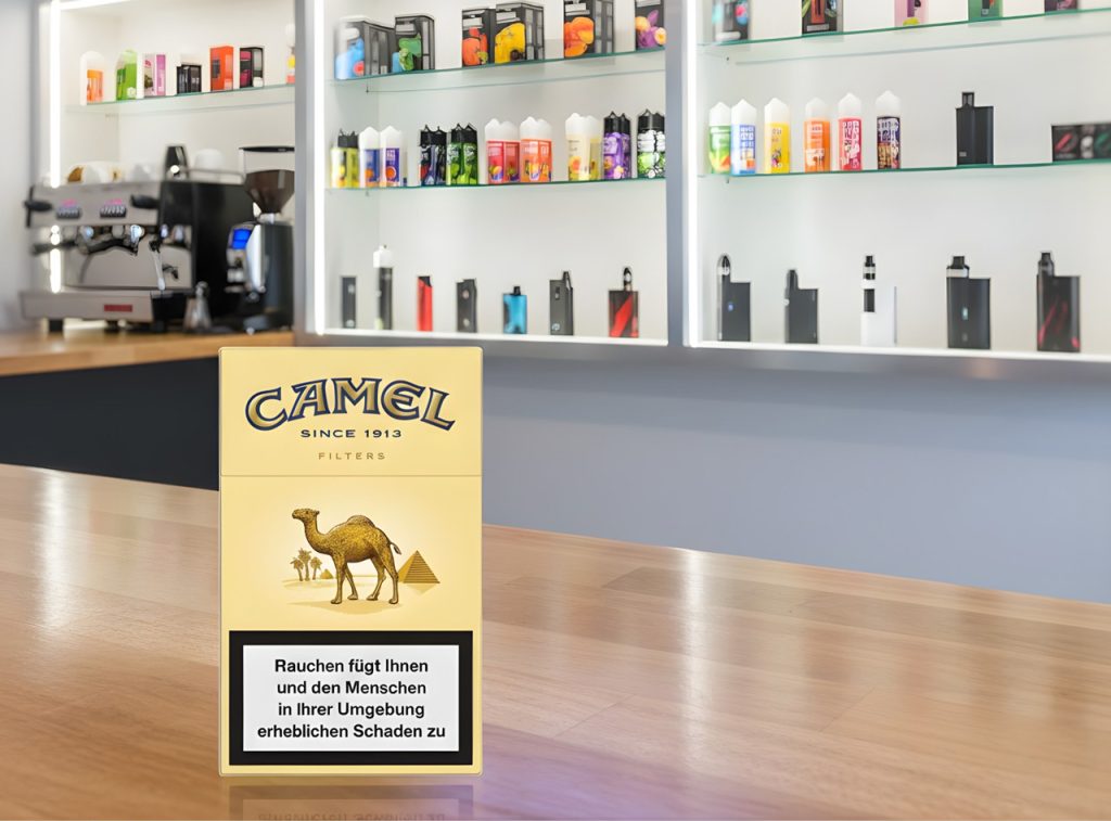 Camel Filters pack on a wooden counter at a cigarette shop Houston featuring a modern vape and tobacco display case.