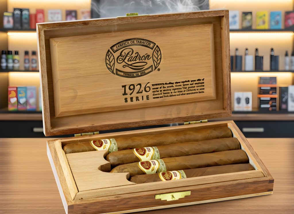 Macro view of a premium lit cigar with smoke plumes, representing the quality found at a cigar shop Houston.