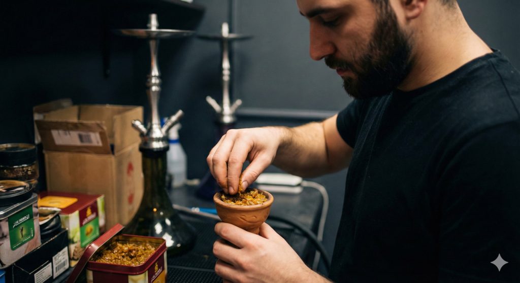 A close-up view of a packed hookah bowl with lit charcoal and smoke, using quality tobacco found at a hookah shop Houston.