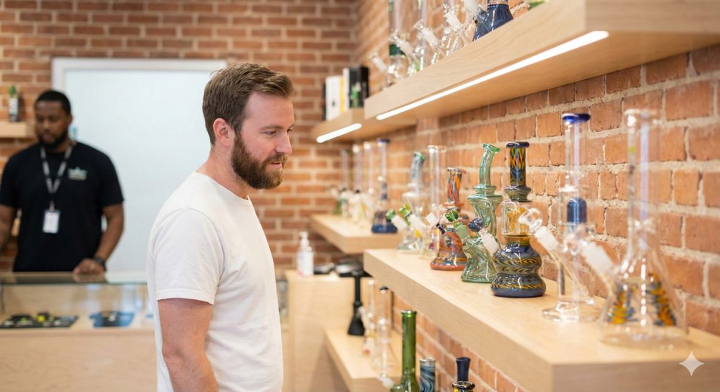 A customer browses glass bongs and water pipes on a wooden shelf inside a well-stocked head shop Houston location.