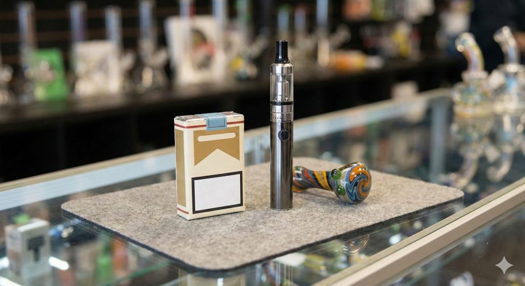 A premium vape pen and colorful glass hand pipe displayed on a counter at a leading head shop Houston retail store.