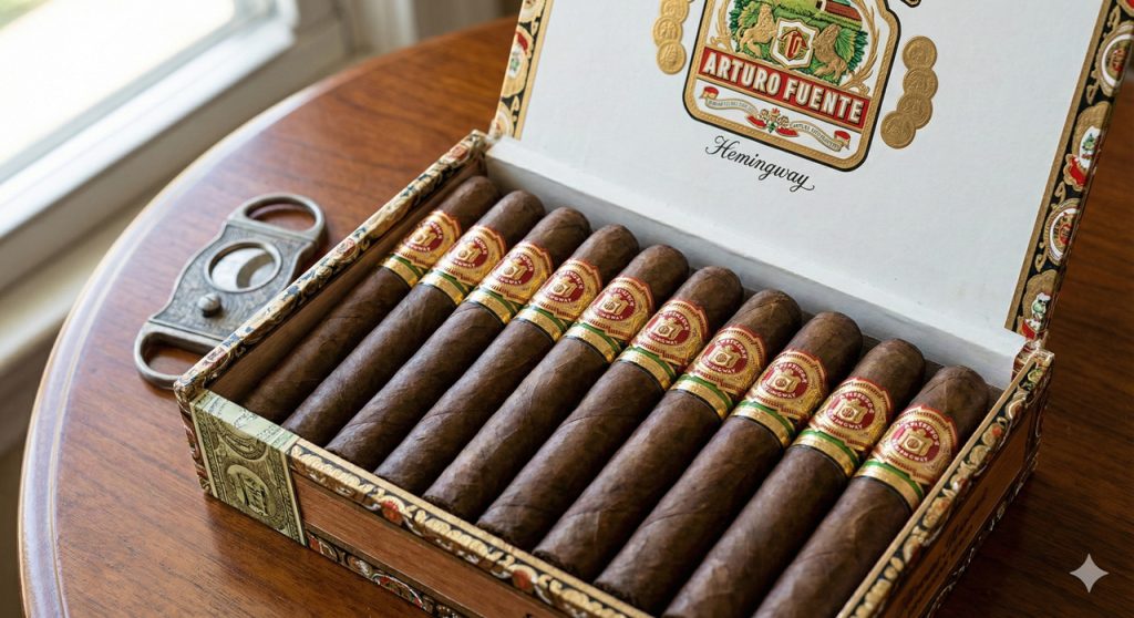 Elegant box of Arturo Fuente Hemingway cigars displayed open with silver cutter on wooden table at top cigar shop Houston – Smack Boyz