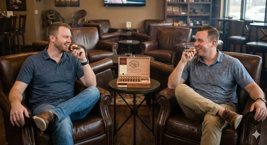 Friends enjoying premium Padrón cigars together in the comfortable lounge at top cigar shop Houston – Smack Boyz