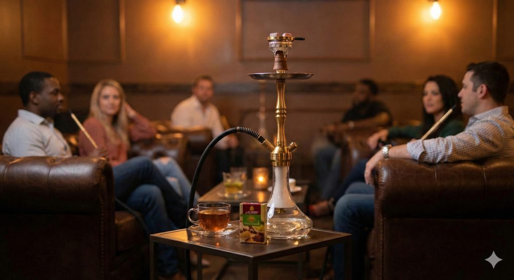 Friends relax at an upscale lounge sharing a hookah pipe and Al Fakher tobacco, a popular scene at a hookah shop Houston.