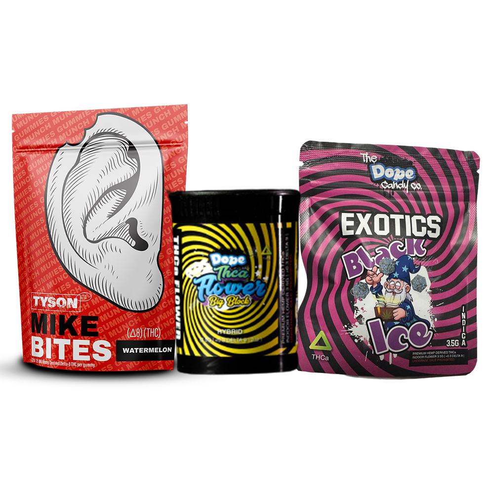 Premium cannabis products including Mike Bites Delta-8 gummies and THCa flower available at a head shop near Houston