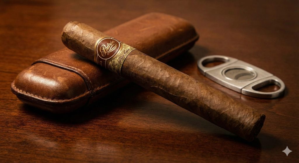 Premium Padrón 1964 Anniversary cigar resting on leather case with cutter at the finest cigar shop Houston – Smack Boyz