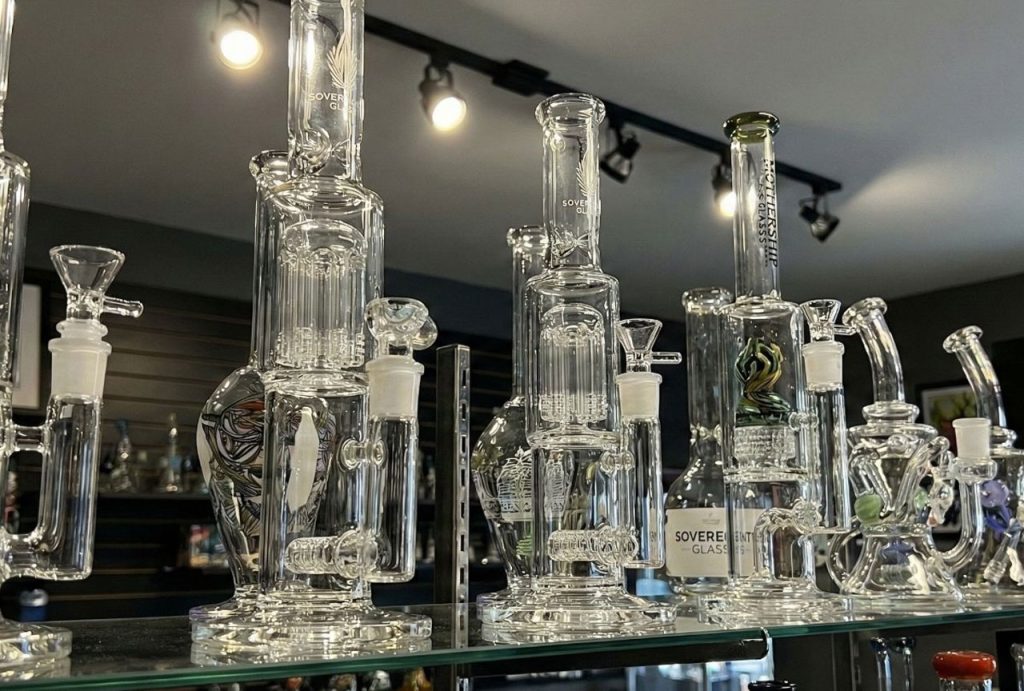 A collection of intricate glass water pipes and bongs available at this head shop in Houston.