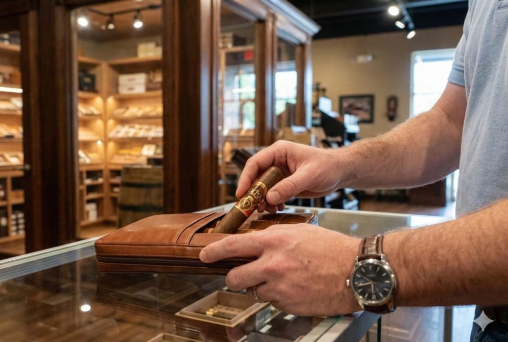 A customer places a premium cigar into a brown leather travel case at the counter of a well-appointed cigar shop Houston.