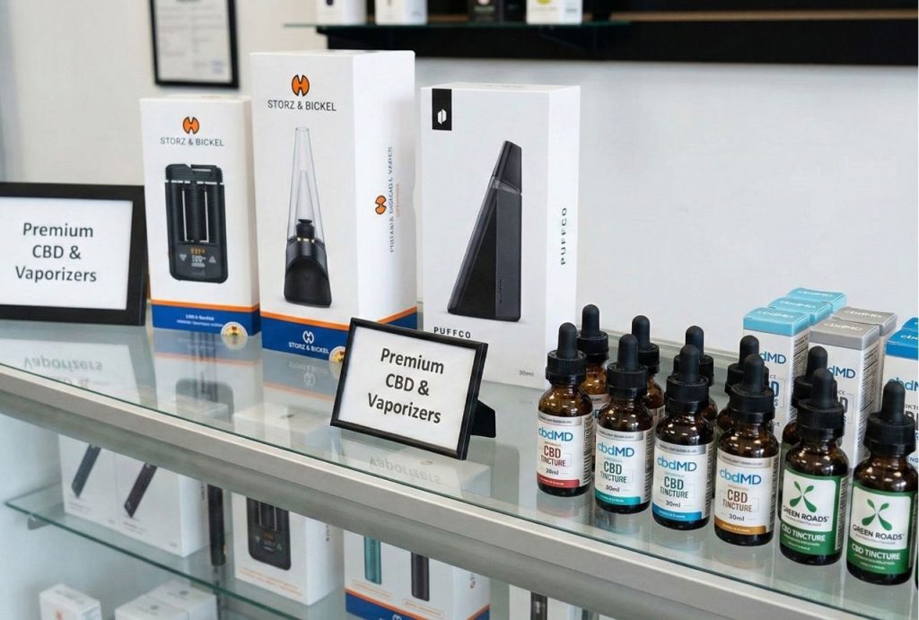 A glass display case at a premier head shop in Houston featuring CBD tinctures and vaporizers.