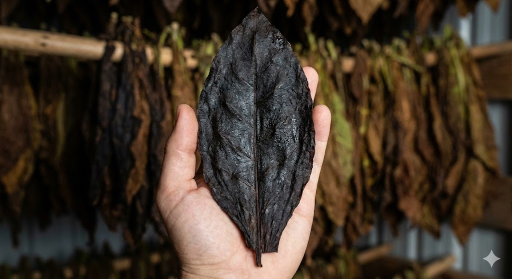 A hand holding a dark, oily Oscuro tobacco leaf, showing the raw wrapper material used in premium cigars at a cigar shop Houston.