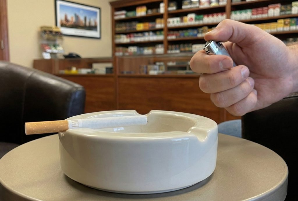 A hand holds a lighter near a cigarette in an ashtray inside a cigarette shop Houston, with stocked shelves and a framed Houston skyline picture.