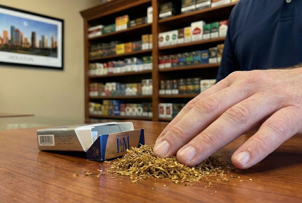 A hand touches loose tobacco spilled from an open L&M cigarette pack on a wooden counter inside a cigarette shop Houston, with tobacco shelves.