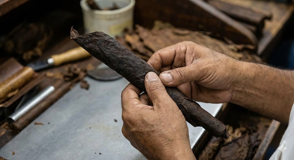 A skilled artisan's hands rolling a dark, fermented Oscuro leaf onto a cigar bunch, a process seen at a cigar shop Houston.