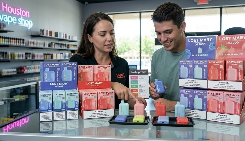 Houston vape shop counter, an employee and a customer select Lost Mary OS5000 flavors Cherry Peach Lemonade and Blue Razz Ice.