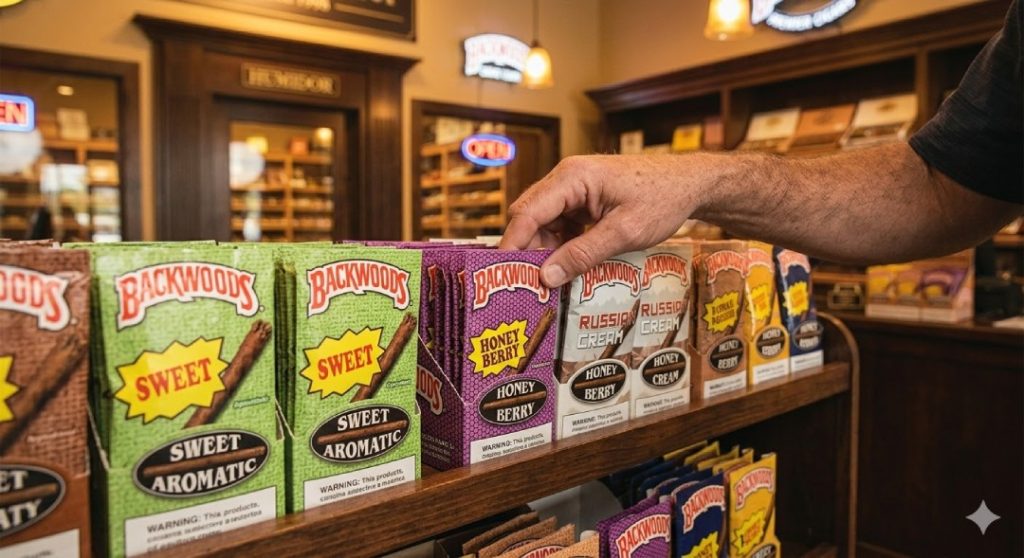 A customer reaches for a pack of Backwoods cigarillos from a shelf in this well-stocked tobacco shop Houston.