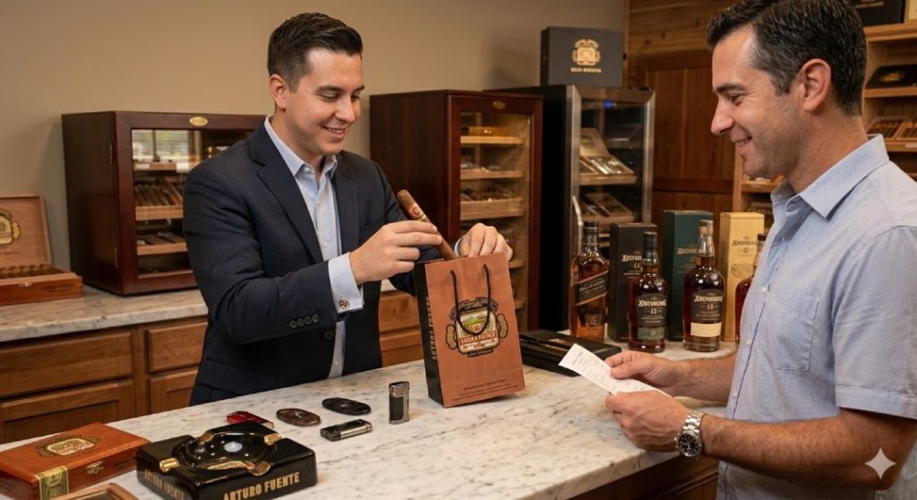 A smiling staff recommends a premium cigar to a customer at the premier cigar shop houston, TX location.