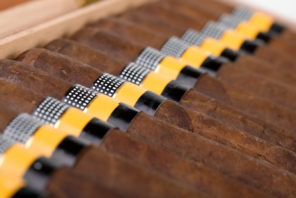 Row of premium cigars with yellow and black bands resting in a wooden humidor box. Your trusted cigar shop houston source.