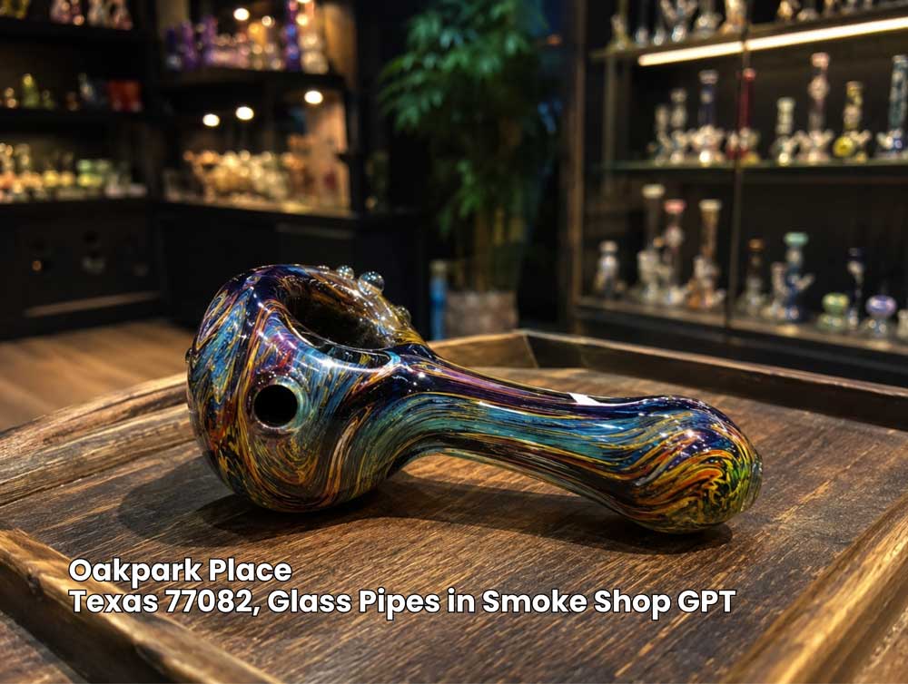 Handcrafted colorful blown glass hand pipe resting on a dark wooden counter at a glass pipes houston smoke shop.
