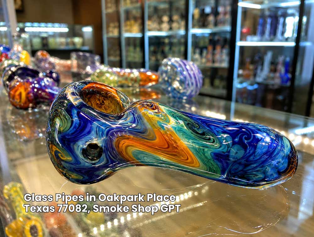 Intricate hand blown swirl glass pipe on display inside a premium smoke shop selling glass pipes houston TX.