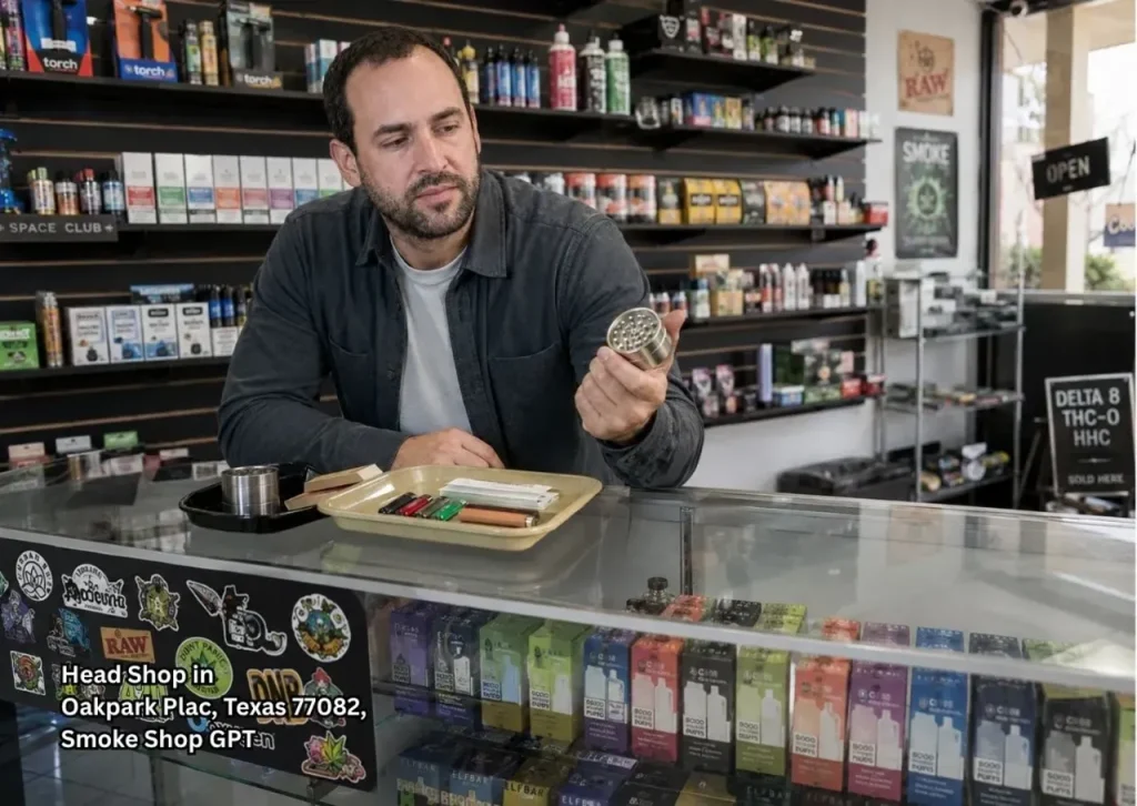 Shop owner shows a metal grinder at a glass display inside a head shop Houston customers visit for smoking accessories