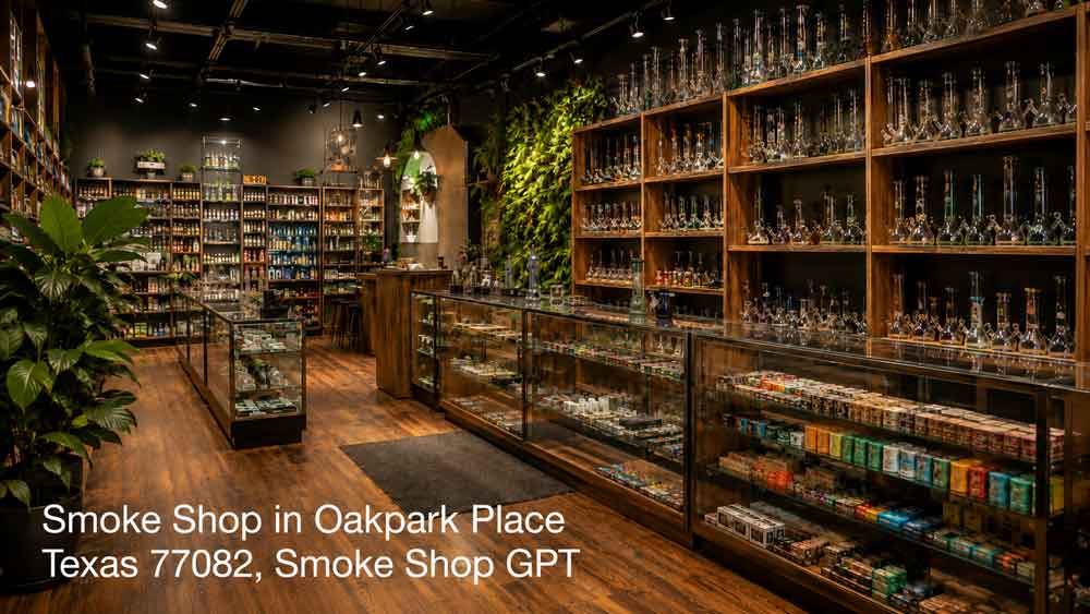 Brightly lit interior of a smoke shop Houston store displaying glass pipes and accessories on warm wooden shelves.