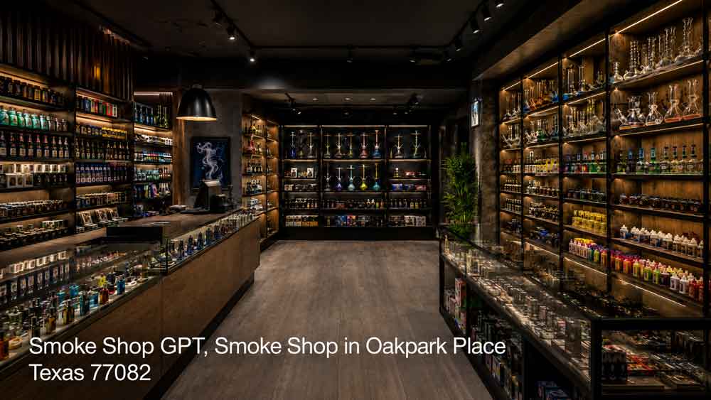 Modern, dimly lit smoke shop Houston interior featuring LED-lit displays filled with hookahs and smoke products.
