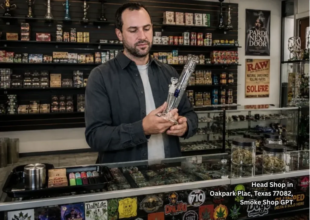 Store associate inspects a glass water pipe at a head shop Houston buyers visit for premium smoking accessories