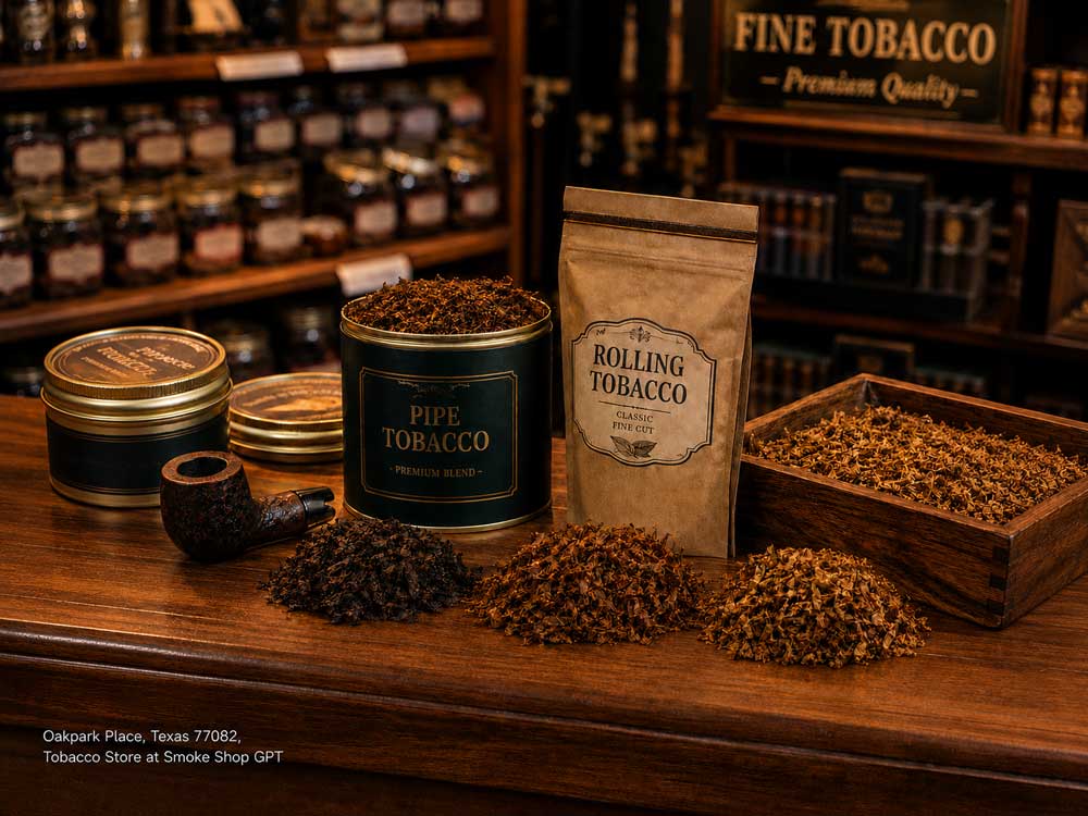 Classic rolling and premium pipe tobacco selection on a wooden counter inside an upscale tobacco store Houston.
