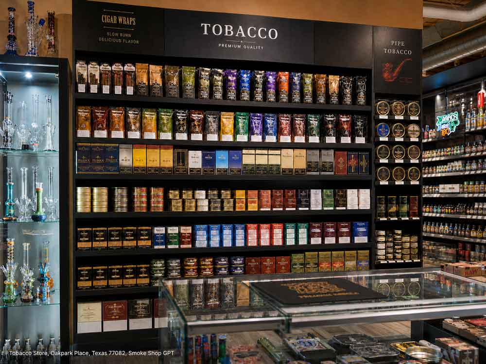 Wide variety of cigar wraps and packaged blends filling the shelves of a well-stocked tobacco store Houston.