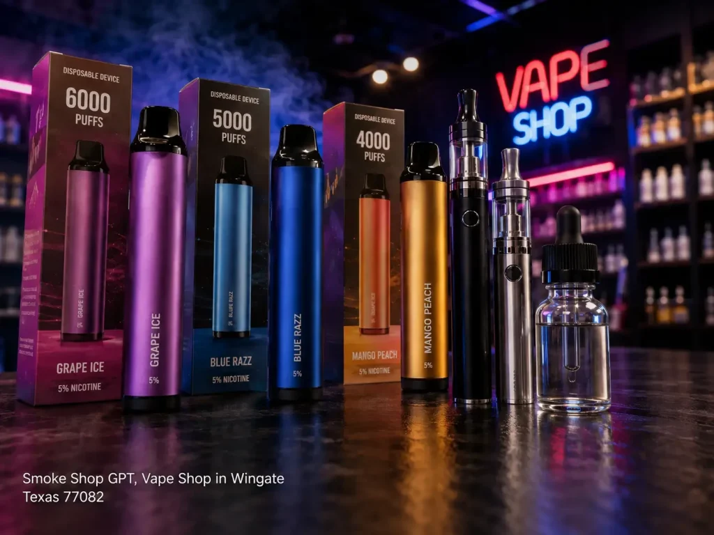 Disposable e-cigs and e-liquid bottles under a neon sign inside a modern vape shop Houston destination. 