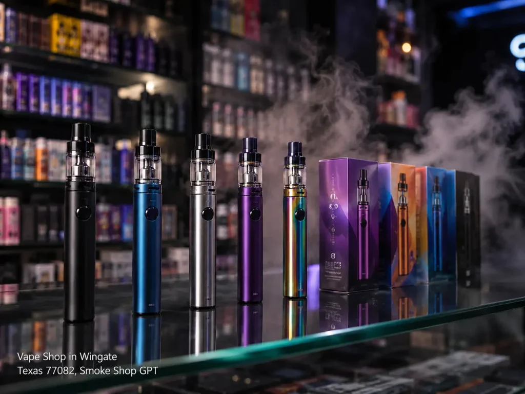 Colorful vape pens lined up on a counter with smoke at a premium vape shop Houston location. 