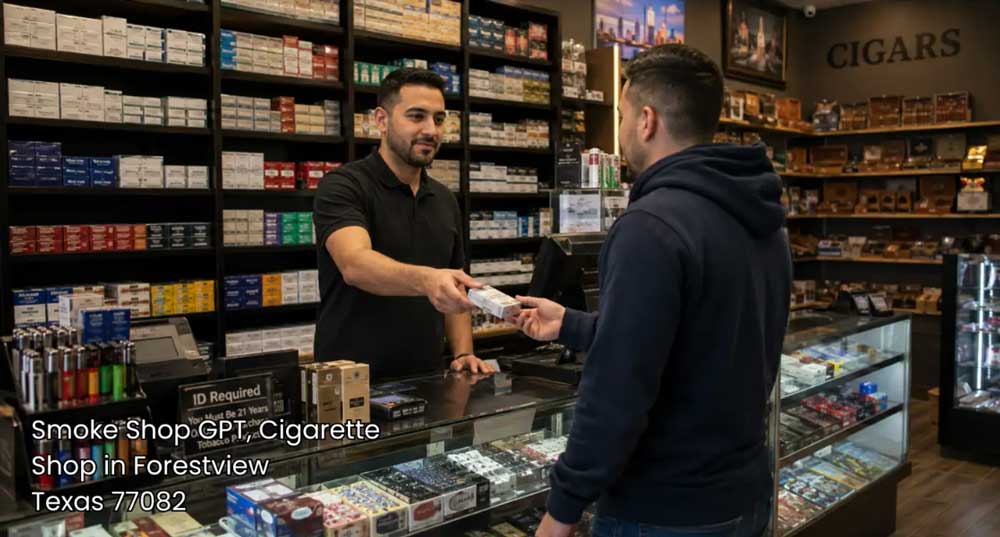 Store clerk handing a purchase to a customer at the sales desk of a top-rated cigarette shop tulsa area offers.