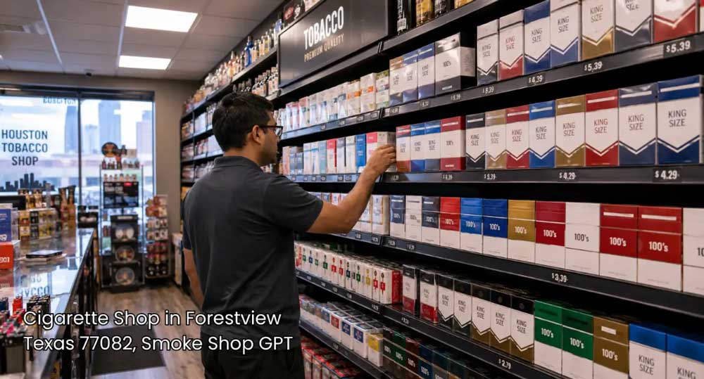 Customer choosing brand products from organized wall shelves inside a modern cigarette shop Houston residents visit.