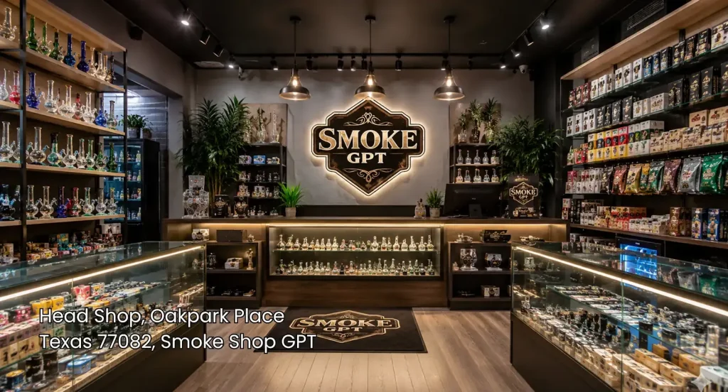 Head shop Houston interior with Smoke GPT branding, glass displays, smoking accessories, warm lighting, and modern decor.