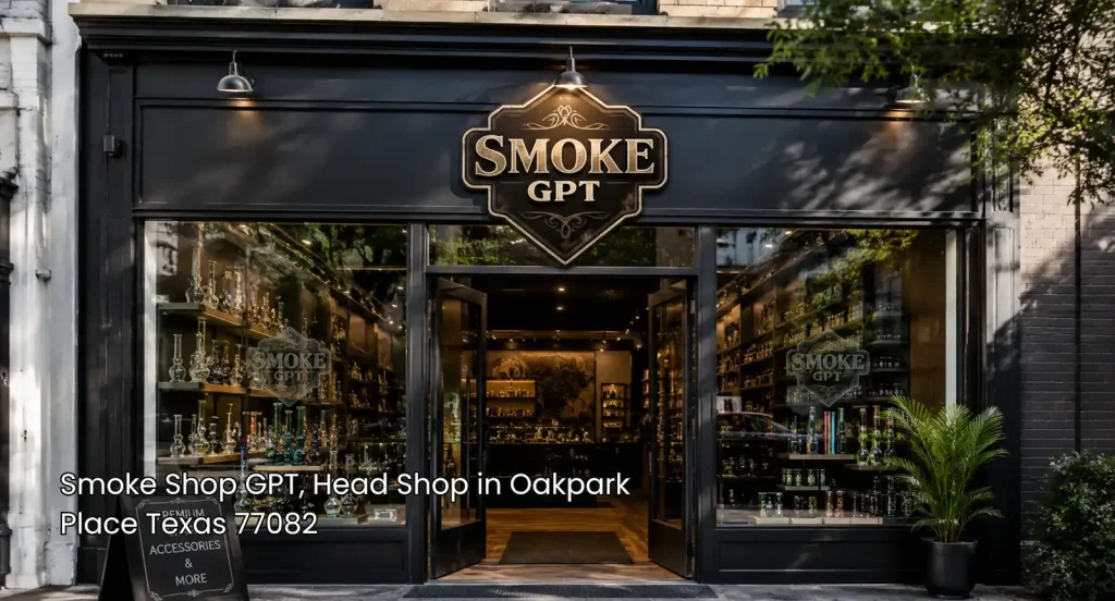 Head shop Houston storefront with Smoke GPT signage, glass displays, premium accessories, and a clean retail entrance.