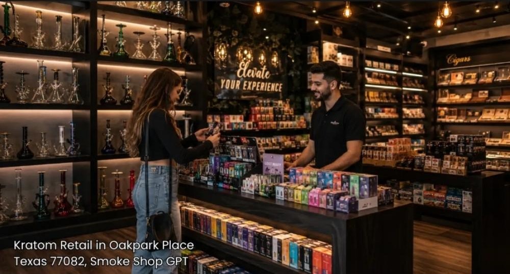 Customer browsing colorful merchandise displays guided by staff inside a well lit kratom retail Houston store.