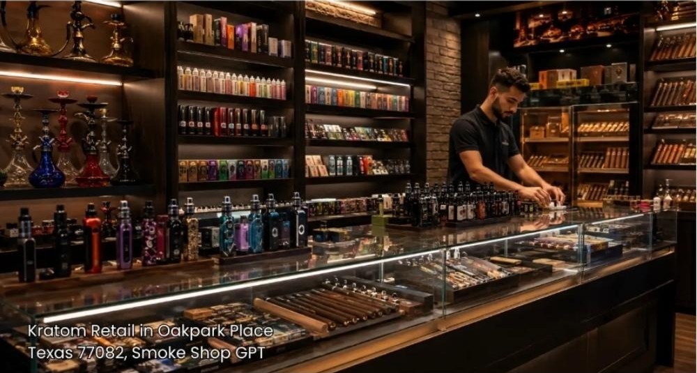 Store employee organizing glass cases with premium vape devices and herbal supplies at a kratom retail Houston shop.