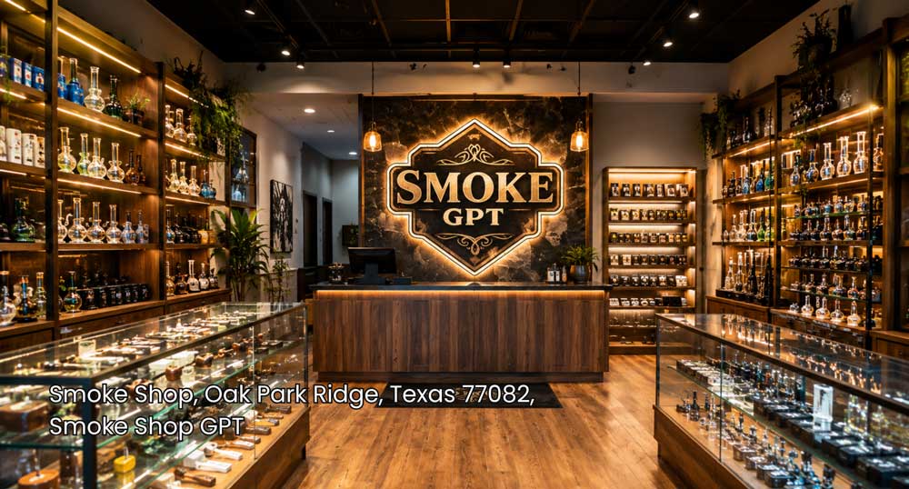 Upscale Smoke GPT interior with organized glass displays, warm lighting, and premium accessories at a smoke shop Houston.