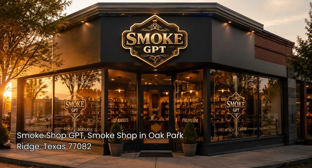 Modern Smoke GPT storefront at sunset, featuring a polished smoke shop Houston exterior with signage and glass windows.