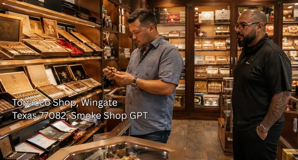 Two men examining premium cigars inside a local tobacco shop houston store in the Wingate Texas 77082 area.
