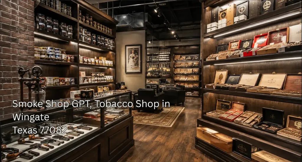 Shelves of cigars and smoking accessories inside an upscale tobacco shop houston storefront near Wingate 77082.