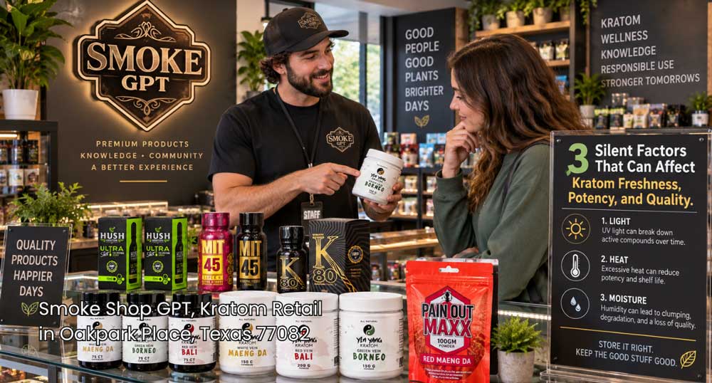 Store staff showing a customer a jar of White Vein Borneo at a local shop specializing in kratom retail Houston.