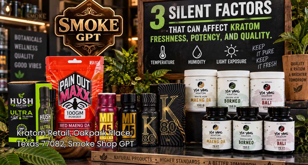 Display of herbal products, powders, and extracts near a freshness guide at a kratom retail Houston location.