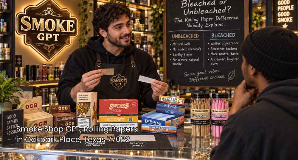 Smoke shop staff explaining bleached vs unbleached rolling papers Houston options to a customer at the store counter.