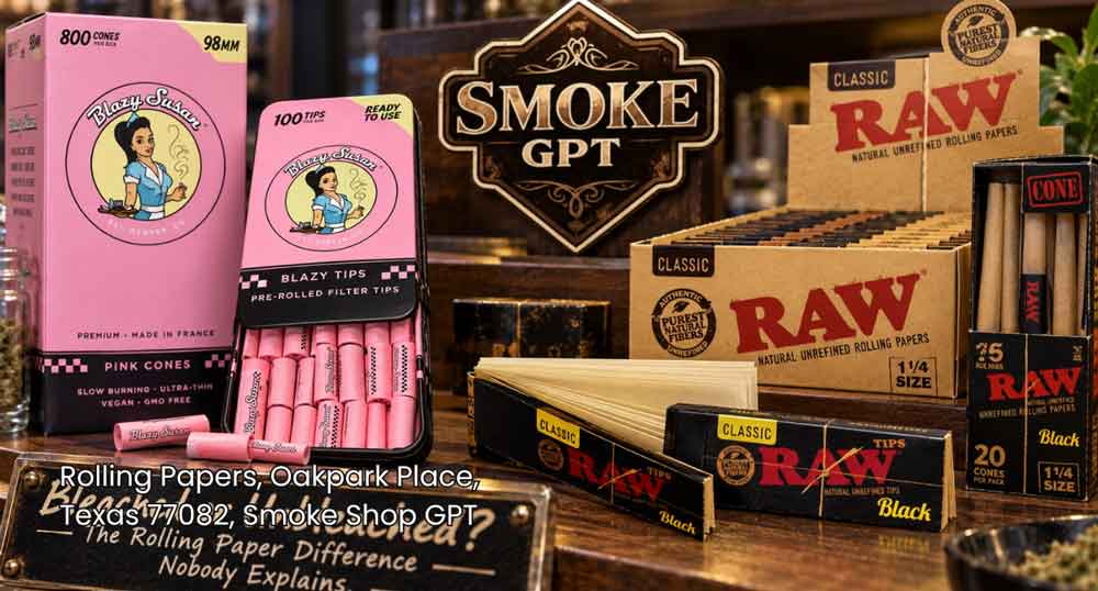 Display of premium rolling papers houston store features RAW classic packs alongside pink Blazy Susan cones and tips.