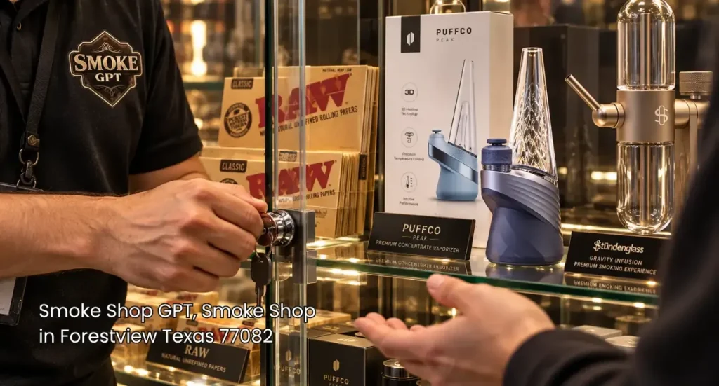 Store clerk unlocking secure glass display case containing vaporizers and rolling papers Tulsa customers select.