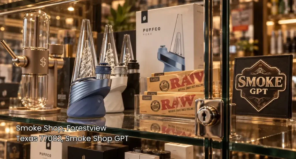Glass counter display featuring high-end vaporizers alongside RAW classic rolling papers Tulsa enthusiasts buy.